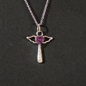 925 Sterling Silver Amethyst Heart Angel Pendent Necklace with CZ Accents